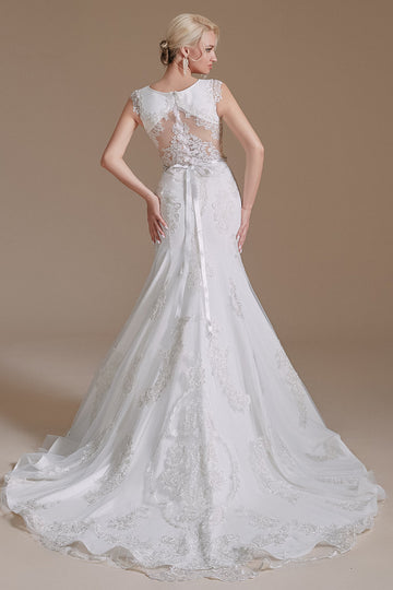 Casquette de sirène blanche Manches Robe de mariée avec dentelle